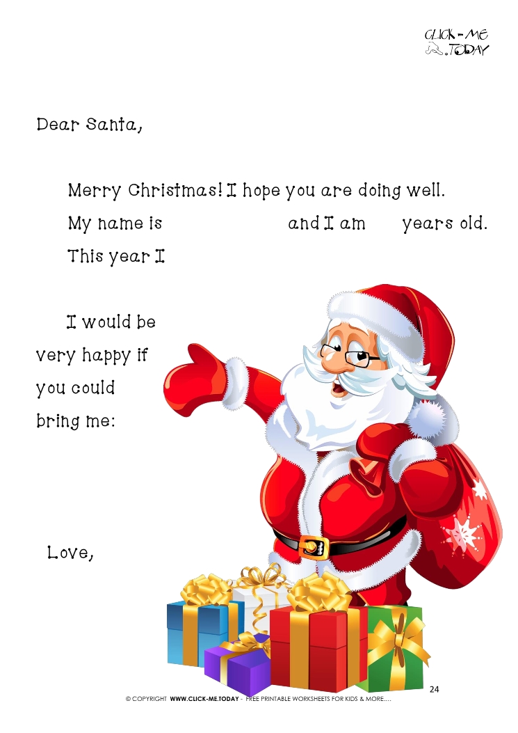 Ready Cute Letter to Santa print out with Santa Claus and presents 24